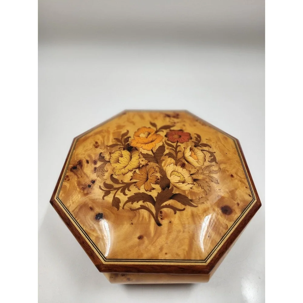 Vintage Italian Burl Wood Musical Jewelry Box Octagon Floral Inlay Godfather
